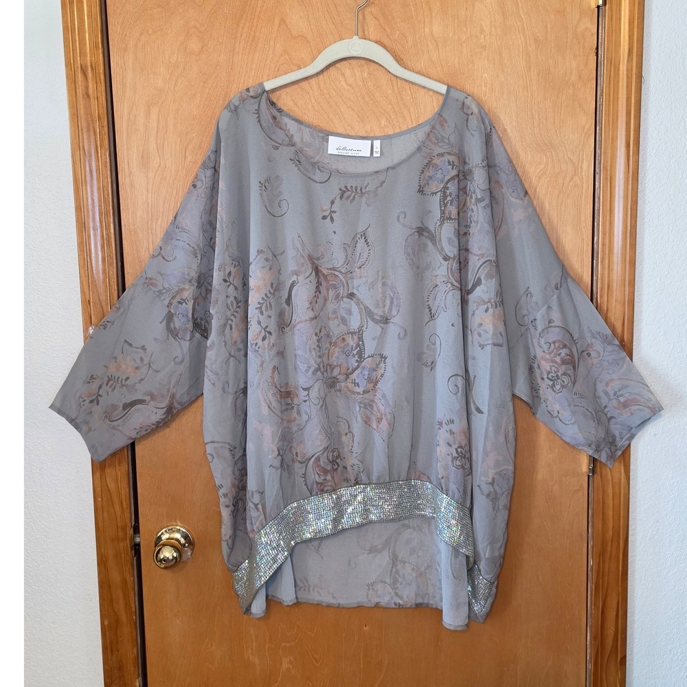 LaBellum Hillary Scott Grey Floral Sequin Hem Oversized Boho Tunic Top 2X